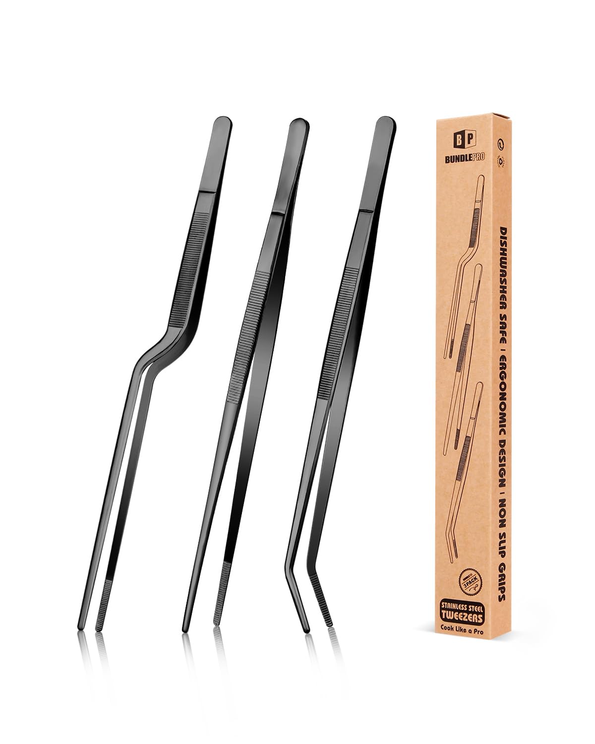 10 inch Fine Cooking Tweezers Set, Professional Stainless Steel Food Tongs, Kitchen Black Long Chef for Cooking, Plating, Decorating and BBQ
