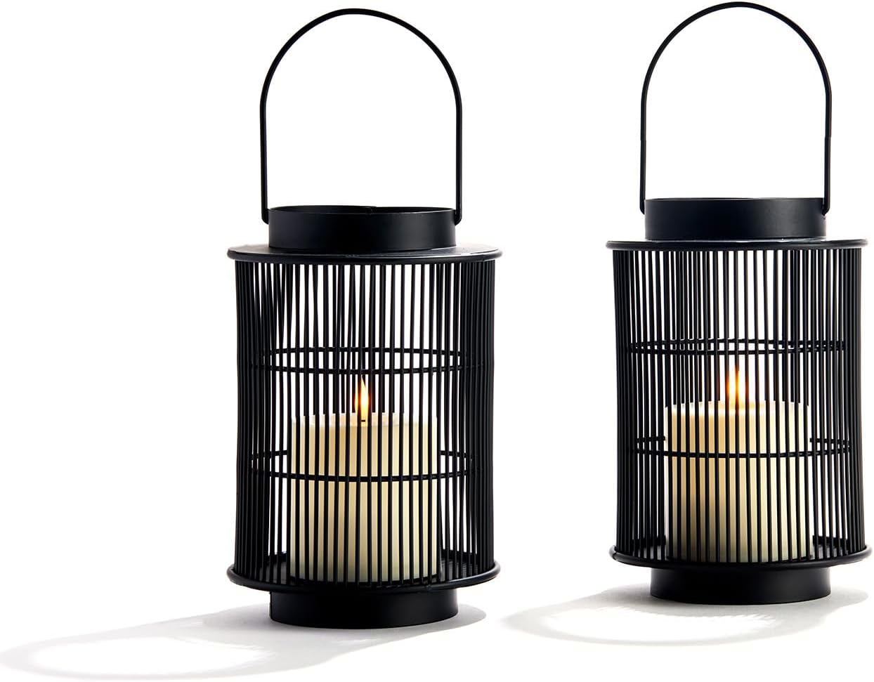 LampLust Outdoor Lanterns Decorative Spring Patio Decor, Set of 2, 8 Inch Black Metal Candle Lanterns, Battery Operated LED with Timer, Front Porch, Spring Outdoor Decorations, Modern Farmhouse Decor