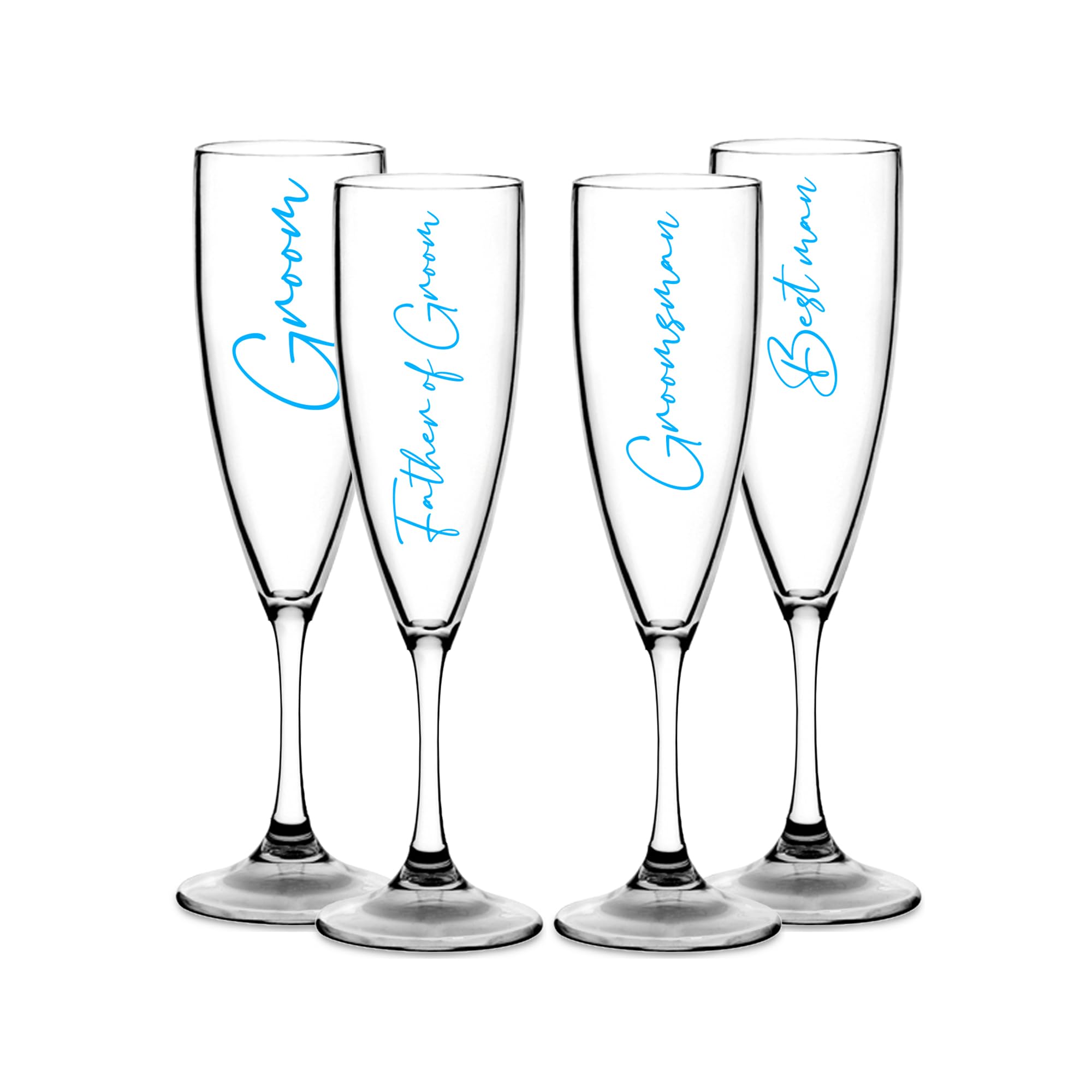 Print Maniacs Champagne Premium Clear Flute Glass Bride Groom Mr Mrs Wedding Maid Honour Wine Cocktail Prosecco Celebrations Gift (Baby Blue, Set of 4 Groom Side Set)