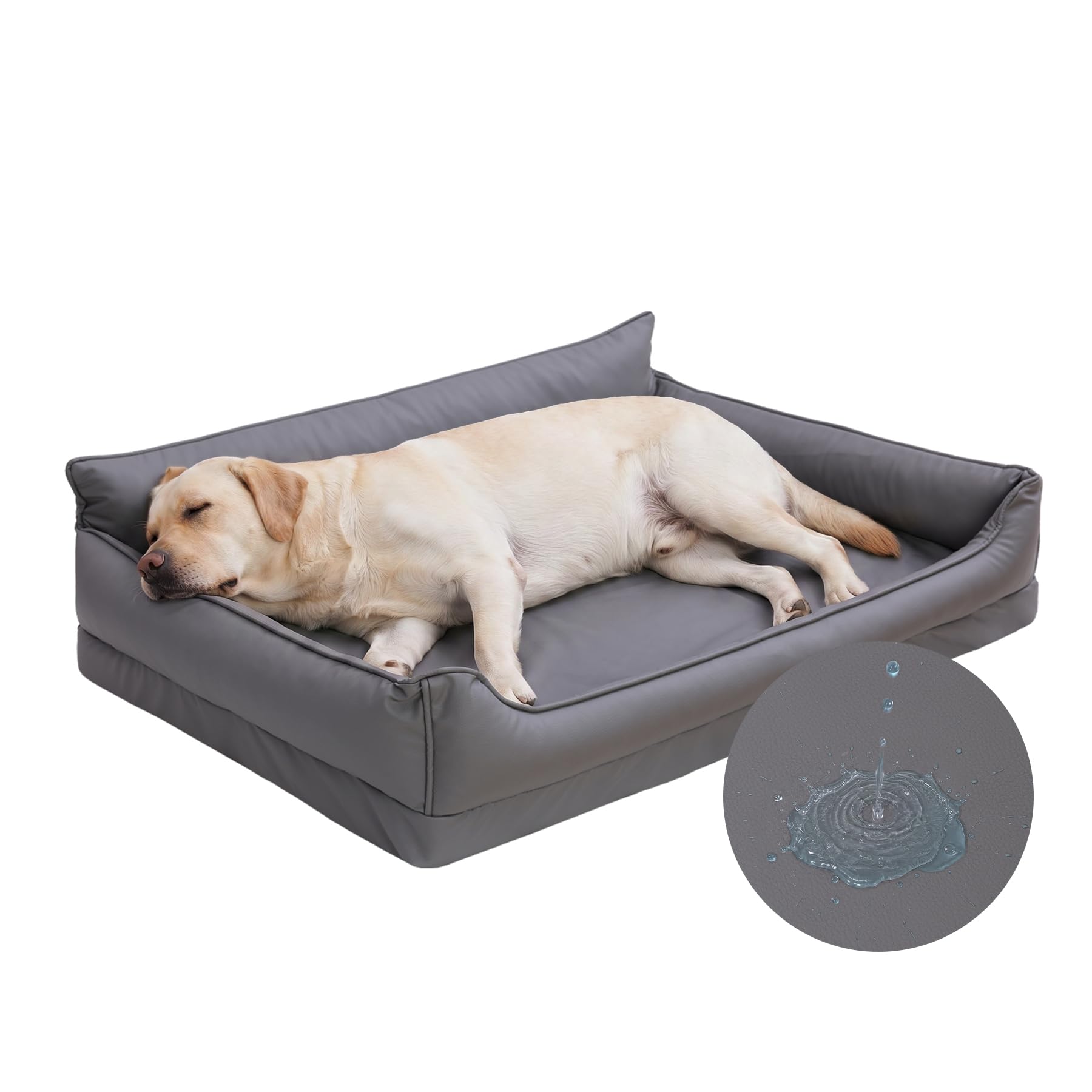 Ortopédica Cama Perro Medianos, Sofá Perro de Cuero Sintético Impermeable | 91x68 cm,4 bordes elevados,Cama para Perros Desenfundable y Lavable, Colchon Perro Antideslizante, Gris