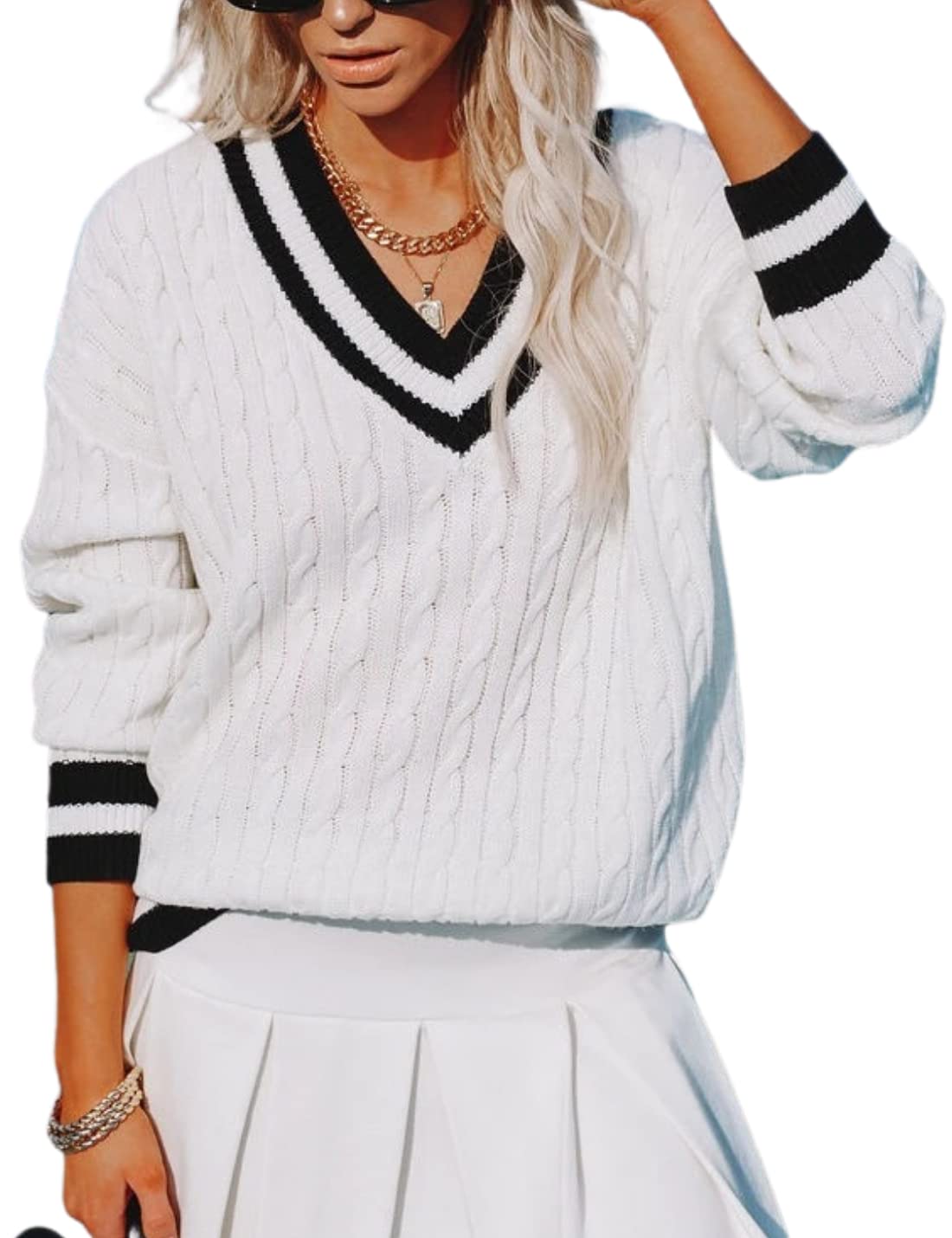 InterNos Womens Casual V Neck Long Sleeve Sweater Trendy Striped Pullover Cable Knit Preppy Sweaters