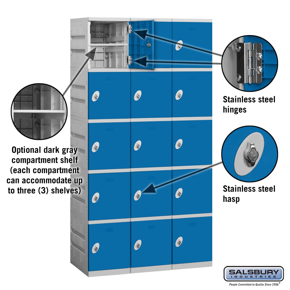 Salsbury Industries Assembled 5-Tier Plastic Locker with Three Wide Storage Units, 738.25-Inch High by 18-Inch Deep, Blue