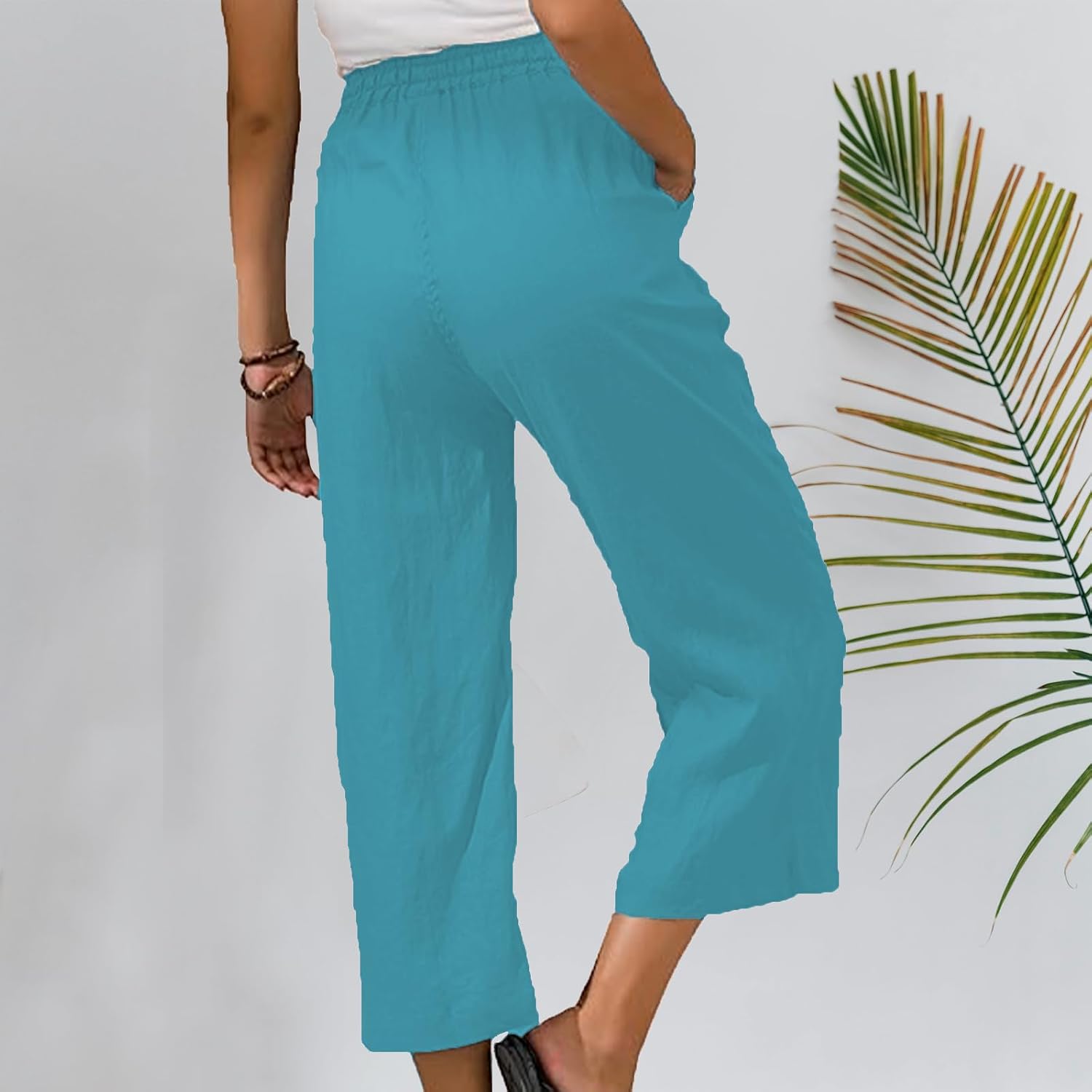 Capri Pants for Women 2025 Summer Drawstring Elastic High Waist Casual Capris Straight Wide Leg Cotton Linen Pants - Image 4