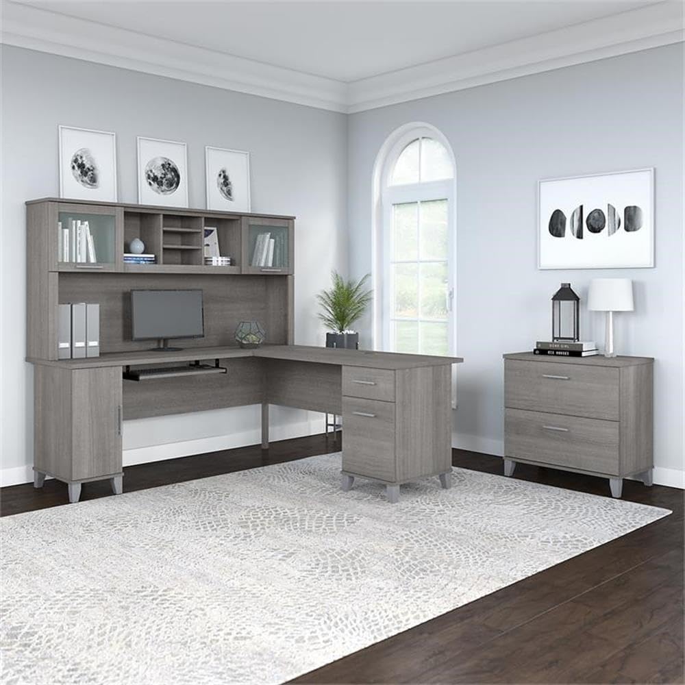 Pemberly Row Engineered Wood L Shaped Desk with Hutch & File Cabinet, 72W, Gray Finish, Frosted Glass Doors, Keyboard Tray, Multiple Storage Spaces, Home Office Furniture Set for Productivity