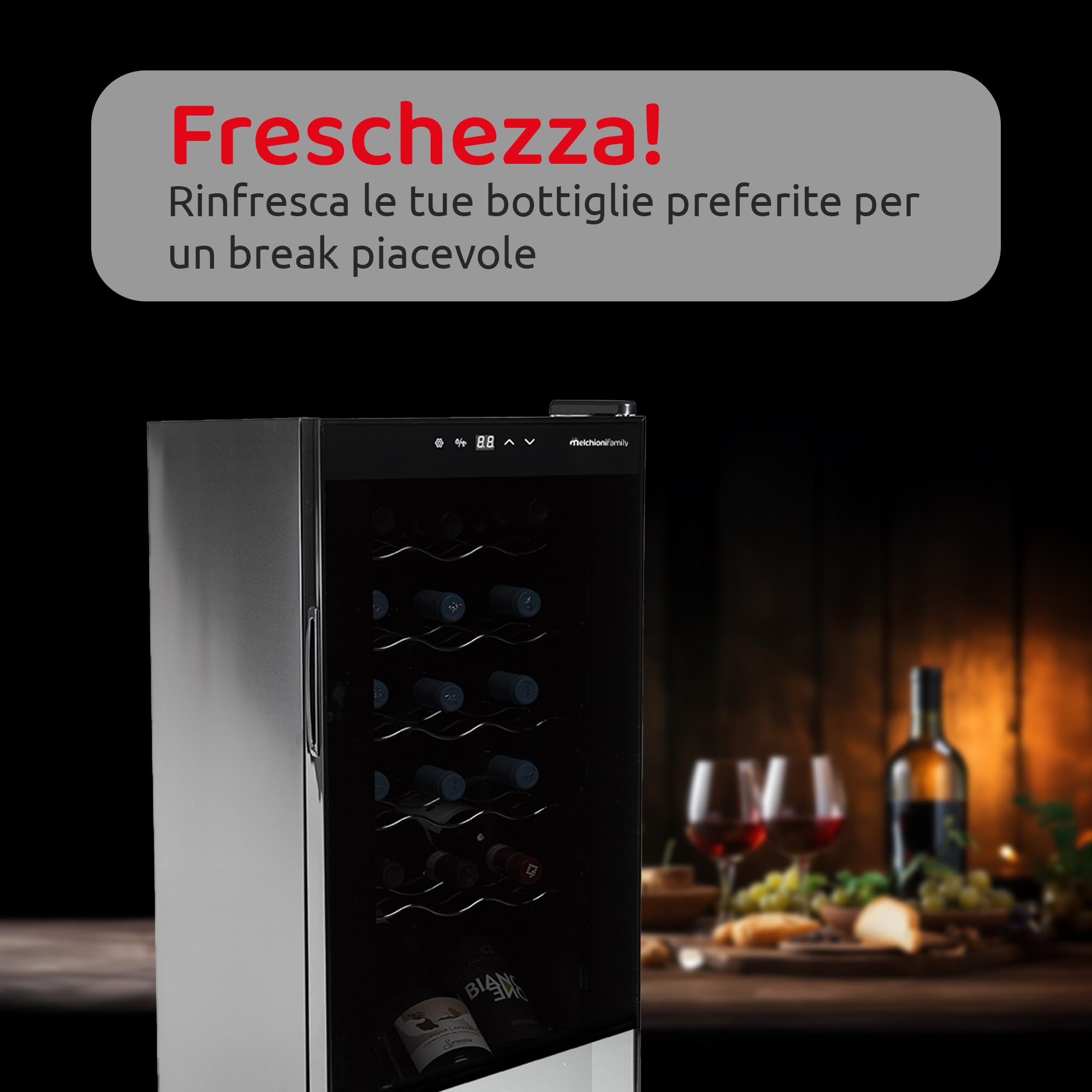 Melchioni Family | Cantinetta Vino Refrigerata, VERMENTINO 18C, Capacità 18 Bottiglie / 50 litri, Temperatura Regolabile 5-18°, con Compressore, Porta Vetro Temperato e Filtro Anti UV