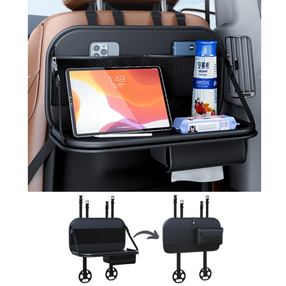 TATACLEA 車用収納ポケットカーシートバック車用収納袋 車吊り下げバッグ 後部座席用収納袋 多機能収納袋 小さなダイニングテー 折りたたみ式 簡単取付 カー用品 (ブラック)