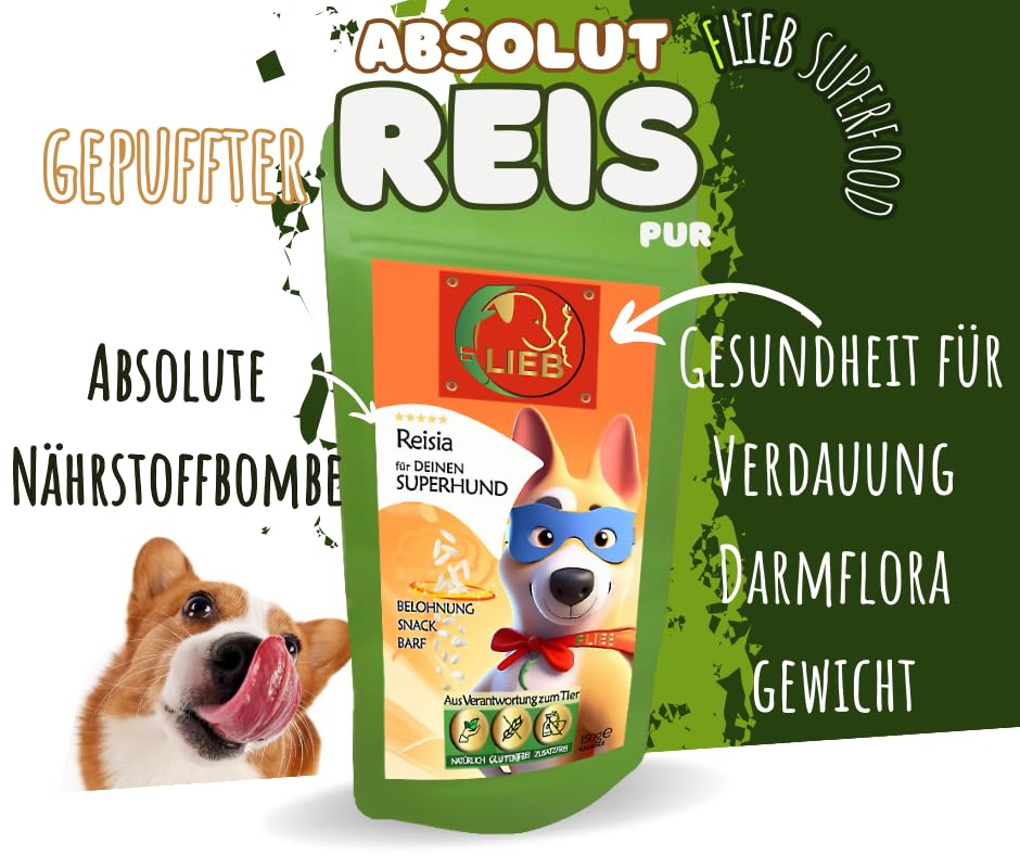 100% gepuffter Reis, Futter | natürliches Leckerli für alle Hunde | Belohnungssnack für empfindliche Hunde Darmflora, Verdauung, Gewichtss Regelung, Mineralstoffe, Topping, für Training, Barf