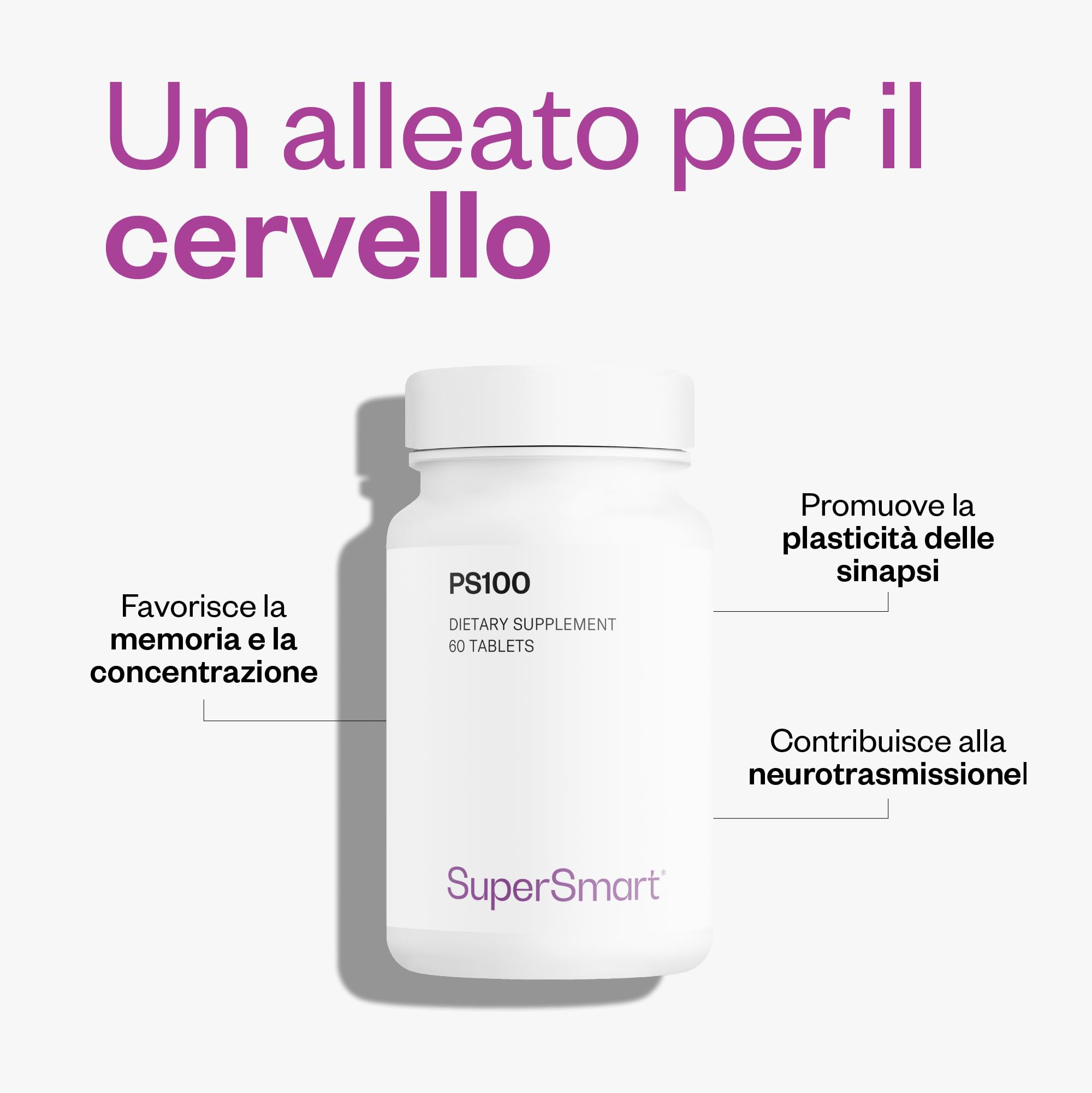 PS 100 - Apprendimento, memoria e concentrazione - Senza OGM - SuperSmart | Aiuta a migliorare l'apprendimento, la memoria e la concentrazione - Fosfolipidi al 20% di fosfatidilserina (PS)