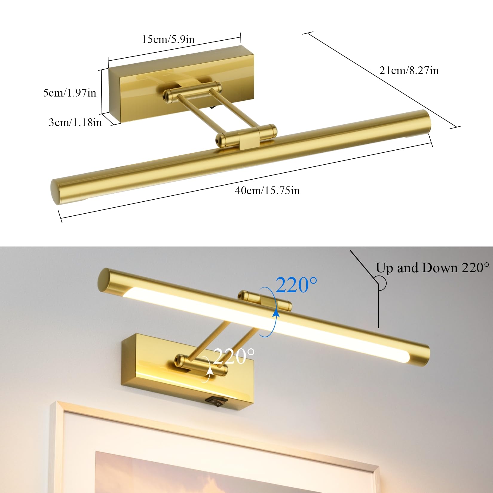 irotine Gold Battery Operated Picture Light Rechargeable, Wireless Picture Light for Painting with Remote Control and Timer Off, Dimmable Gallery Light with Adjustable Swing Arm for Artwork,Gold