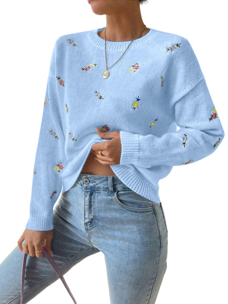 chouyatou Womens Ditsy Floral Embroidered Pullover Sweater Color Block Loose Fit Knit Jumper Tops
