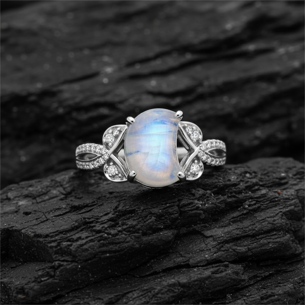 Genuine Moonstone Crescent Moon Boho Ring, 925 Sterling Silver Vintage Western Promise Rings Healing Gemstone Real Boho Jewelry for Women Wife Mom, Size 4-14