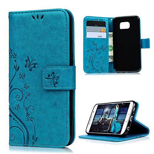 Samsung Galaxy S6 Hülle KASOS Handyhülle für Galaxy S6 Flip Case Ledertasche Schutzhülle Leder Huelle Stand Halter Magnetverschluss Schmetterling Blumen ,Blau + Schutzfolie + Stöpsel + Stylus