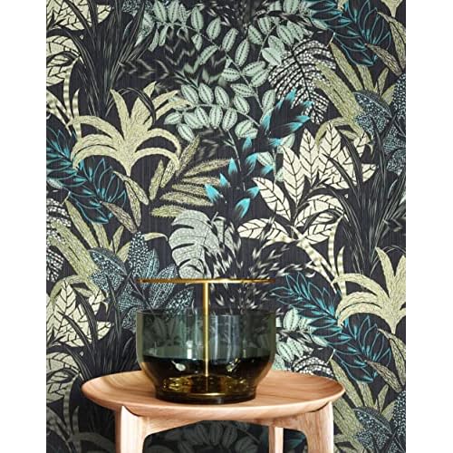 NEWROOM Tapete Schwarz Vliestapete Dschungel - Dschungeltapete Floral Grün Blumen Blätter Blumentapete Tropisch Mustertapete inkl. Tapezier-Ratgeber