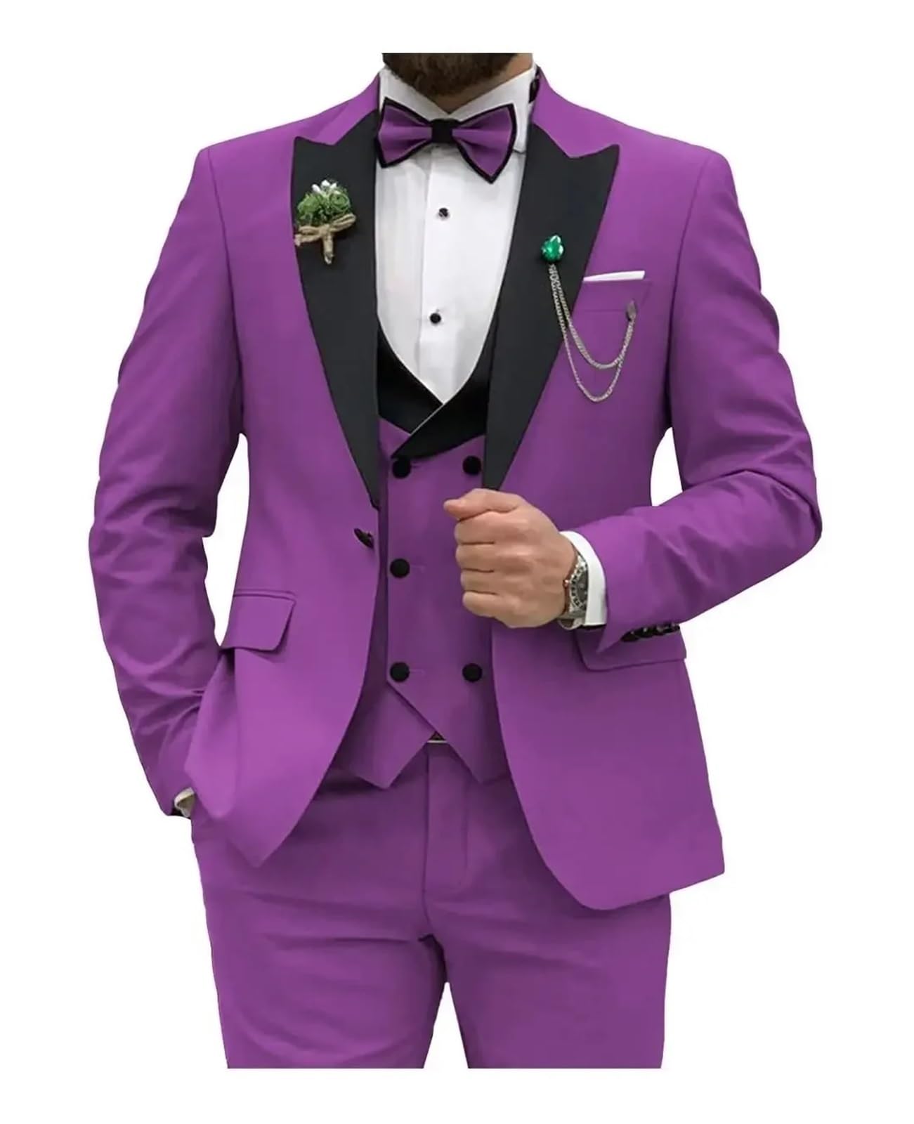Groomsmen'S Suit Men Suits Slim Fit 3 Piece Double Breasted Suit Men Wedding Prom Party Business(Blazer+Vest+Pants)(Purple,L)