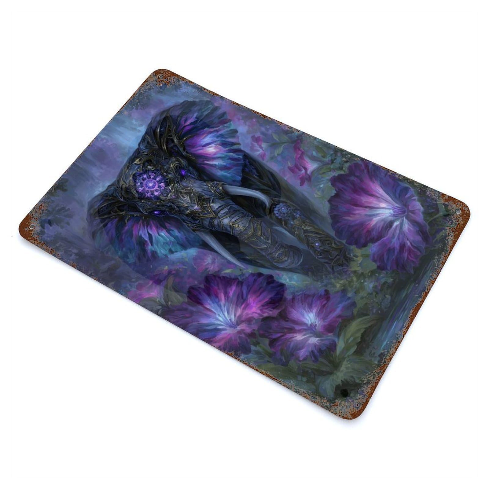 Ornate Elephant in Floral Fantasy Vintage Rust Metal Sign 11.8"x7.9", Classic Wall Plaque for Basement, Hobby Room And Garage Decor