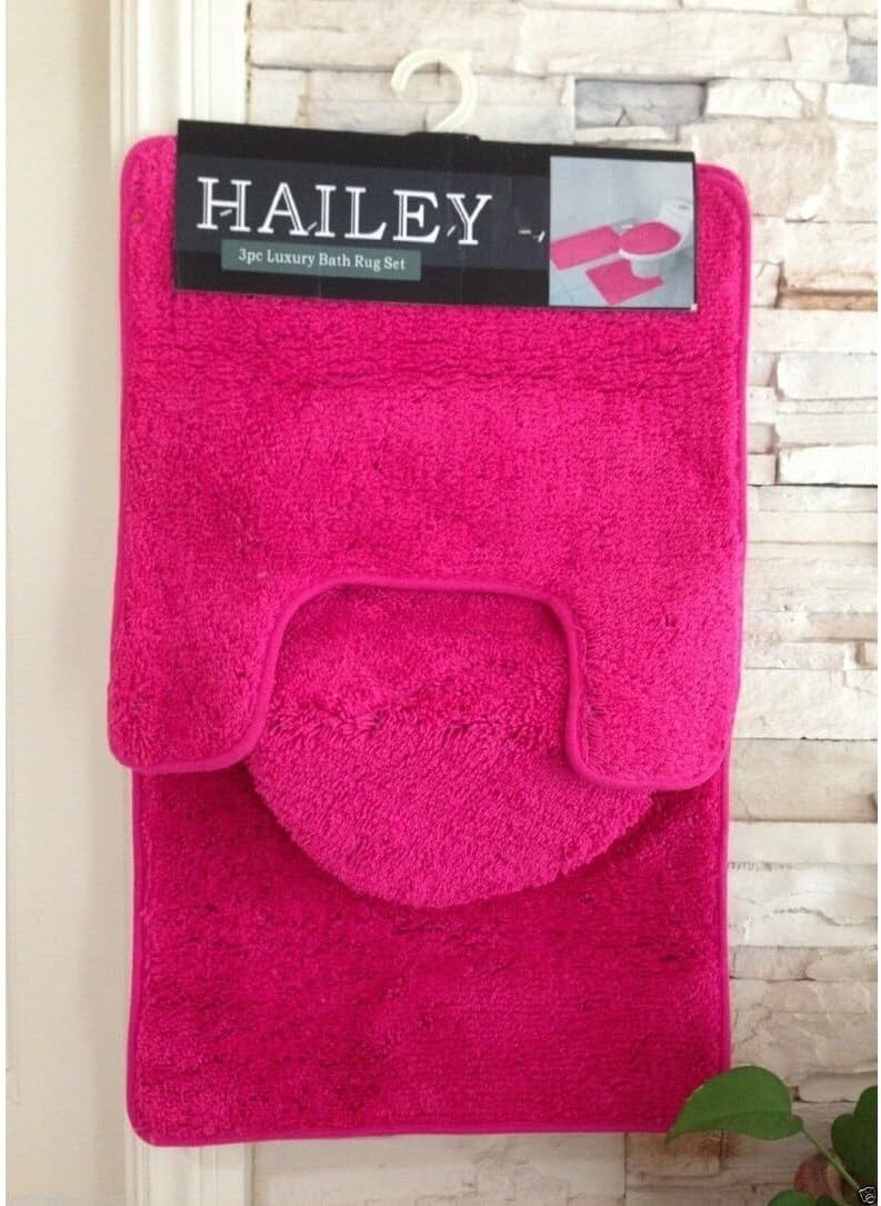 Kashi Home Hailey 3 Piece Bath Rug Set, Bath Mat, Contour Rug, Toilet Seat Lid Cover, Soft Pile, Water Absorbent Solid Color (Fuchsia)
