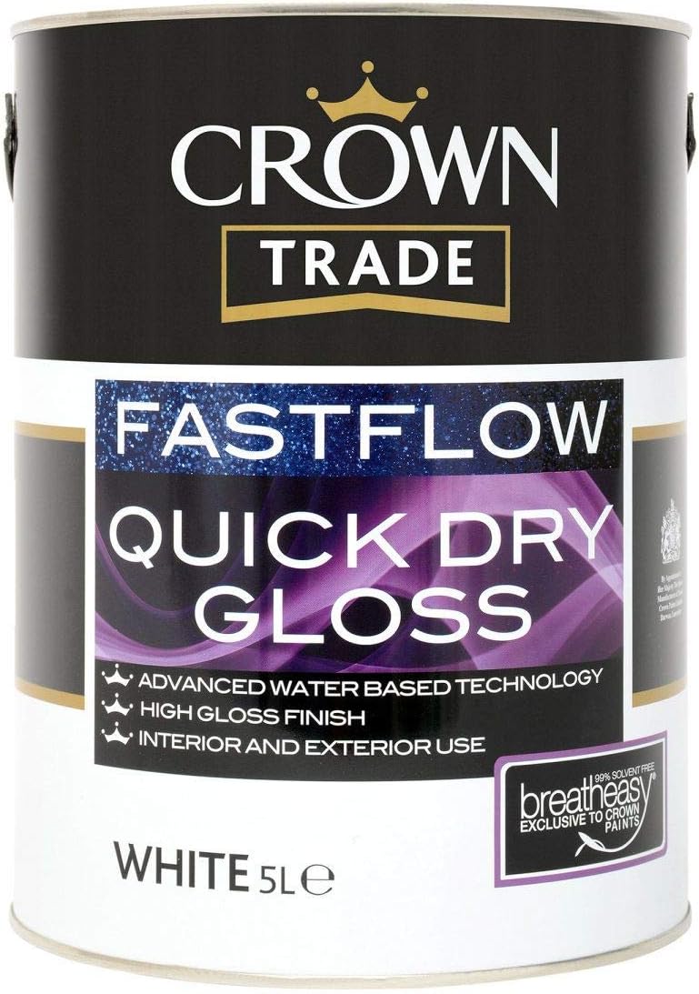 5lt Crown Trade Fastflow Quick Dry Gloss Paint in White for Interior