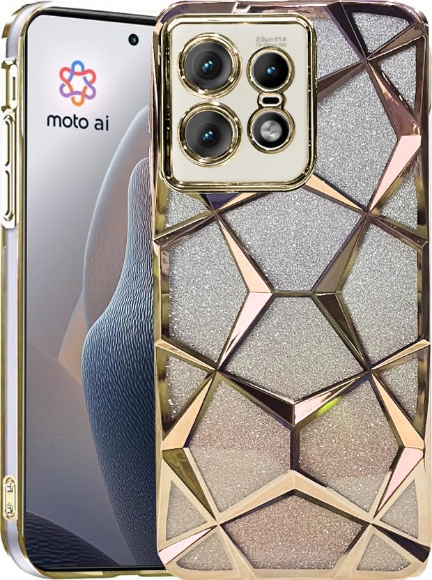 Image of VONZEE Gradient Glitter Case for Moto Edge 50 Pro, Luxury Electroplated 3D Cube, Diamond Bling Shiny Soft TPU Clear Shockproof Case Women Girls Protective Phone Cover (Gold)