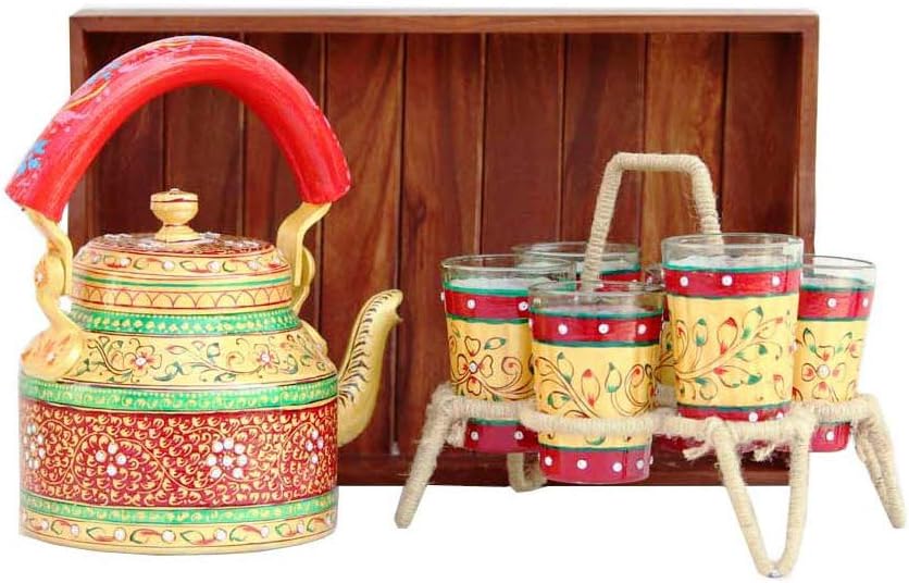 Hand Painted Rajasthani Indian Traditional Home Decor Tea Kettle Pot with 6 Glasses