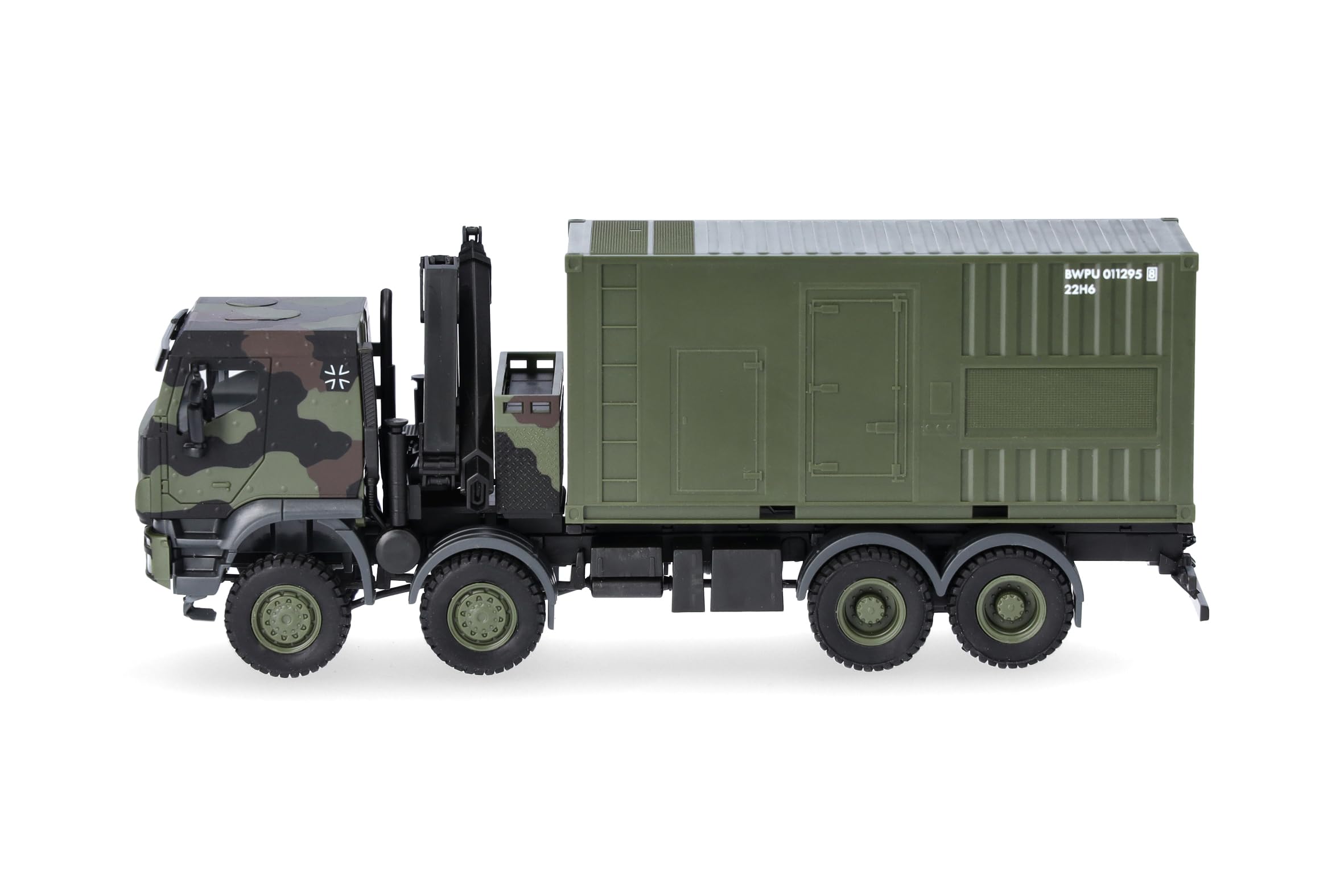 Herpa Military LKW Modell Iveco Trakker 8x8 LKW mit Kran 20 ft. Container „Bundeswehr“, Miniatur im Maßstab 1:87, Sammlerstück, Made in Germany, Kunststoff