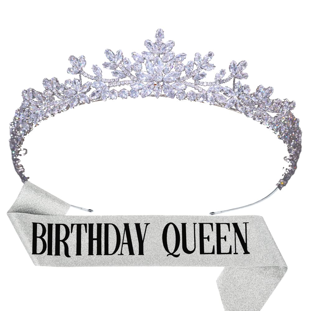Jorsnovs Birthday Queen Sash and Tiara Set Zircon Silver Crown Girl Birthday Gift Headband CZ Princess Hair Accessories