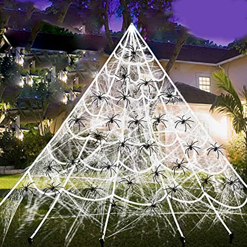 CatRain Halloween Decoración de Araña, Gran Tela de Araña Triangular, Telarañas elásticas, 30 Arañas de Plástico y 60g de Algodón de Araña para Decoración Adornos Fiesta Halloween, 5x4.8m Cover