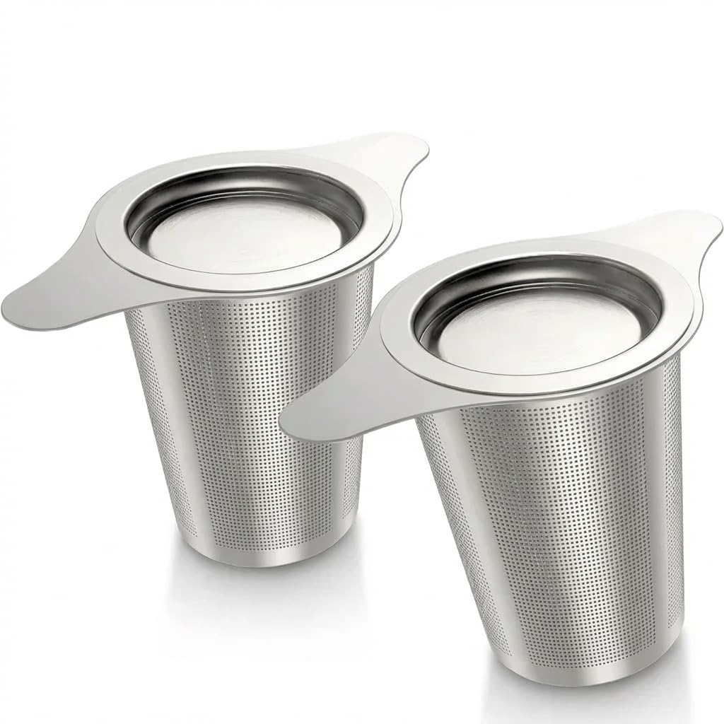 2 Pack Tea Strainer Set, Loose Leaf Infuser with Lid and Side Handles, Stainless Steel Mesh Filter for Mugs, Cups and Teapots, Large Basket Design for Steeping Tea Leaves and Herbal Drinks