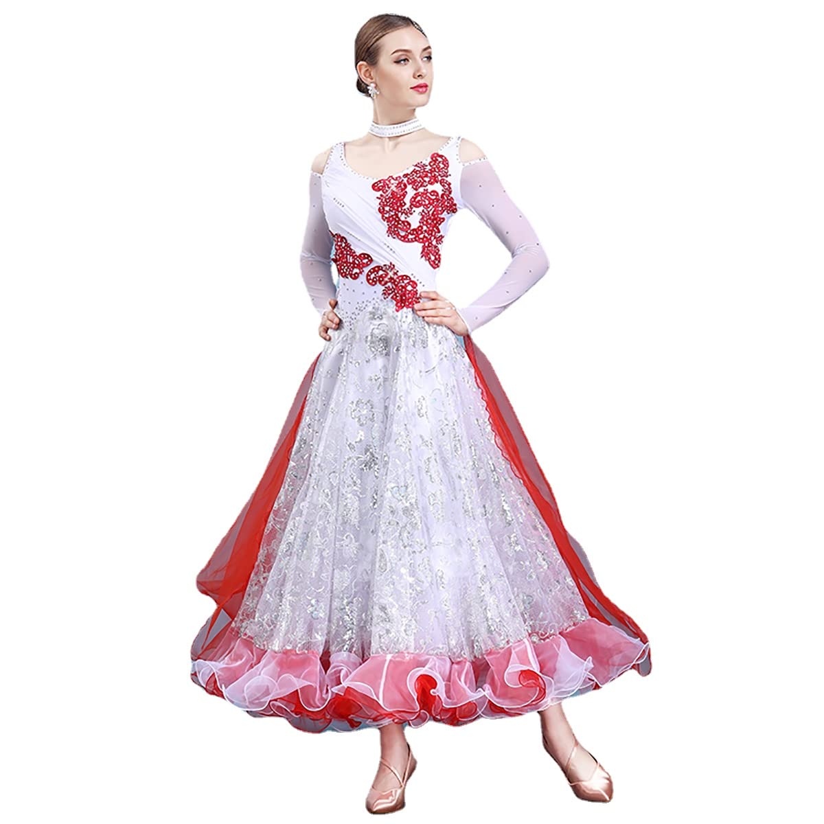 Sukienka do tańca towarzyskiego duża spódnica swingowa damska moda seksowna sukienka z dekoltem w serek solidna nowoczesna siatka zwiewna długa tiulowa sukienka na imprezę elegancka sukienka odzież performance