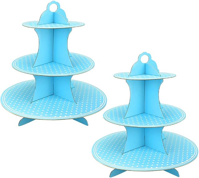 PERFETSELL 2 PCS Blue Cupcake Stand 3 Tier Cardboard Round Tower Polka Dot Cupcake Dessert Holder Paper Cake Stand Muffin Food Stand Display for Kids Birthdays, Party, Baby Showers,Weddings