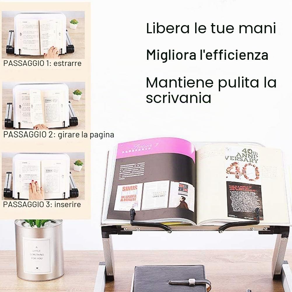 Leggio Libri -Altezza e angolo regolabili supporto per libri, Reggilibri per la Lettura con bracci in alluminio e clip per raccoglitori, leggio libro per Big Hard HardCover, ricetta e laptop iPad