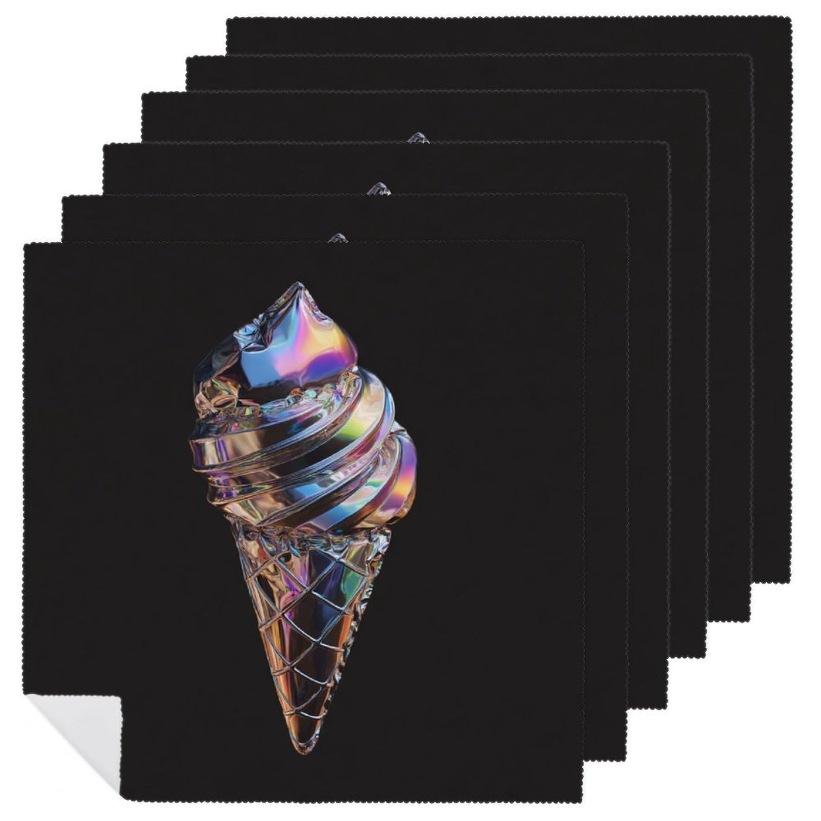 Holographic Style Cone Ice Cream Shape Balloon Cloth Napkins Set of 6, Square Premium Reusable Washable Polyester Table Linen Napkin for Dinner Party
