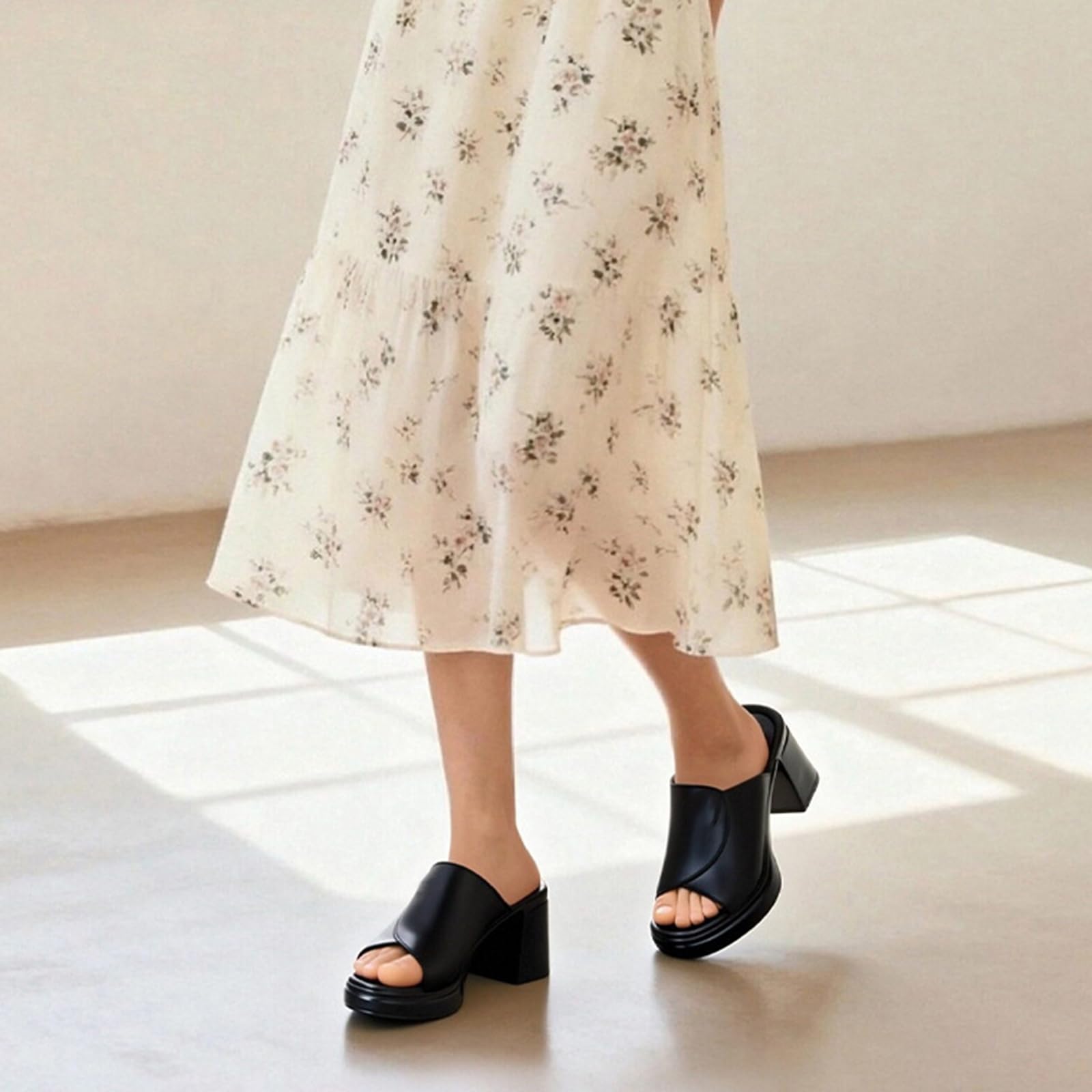 Mules con Plateau Donna in Vera Pelle - Sandali con Tacco Largo da 7,5 cm, Ciabatte Tacco Alto a Punta Aperta Scarpe Estive Eleganti Comode, Nero