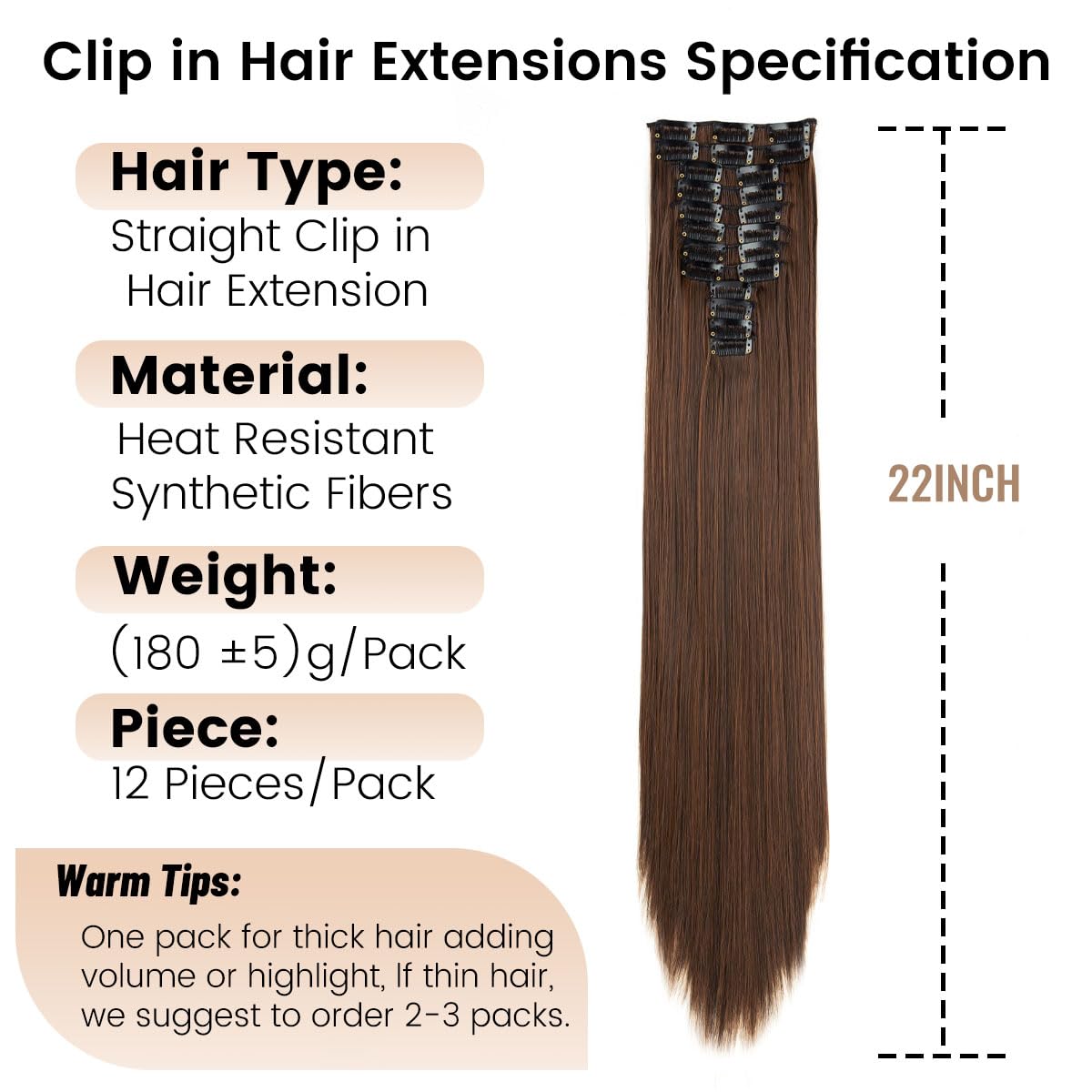 JIAMEISI Hair Extensions Clip in 12pcs 22inch Long Straight Clip in Hair Extension Synthetic Fiber 2/30 Black mixed Medium Brown Full Head Double Weft Hairpieces for Women - Image 2
