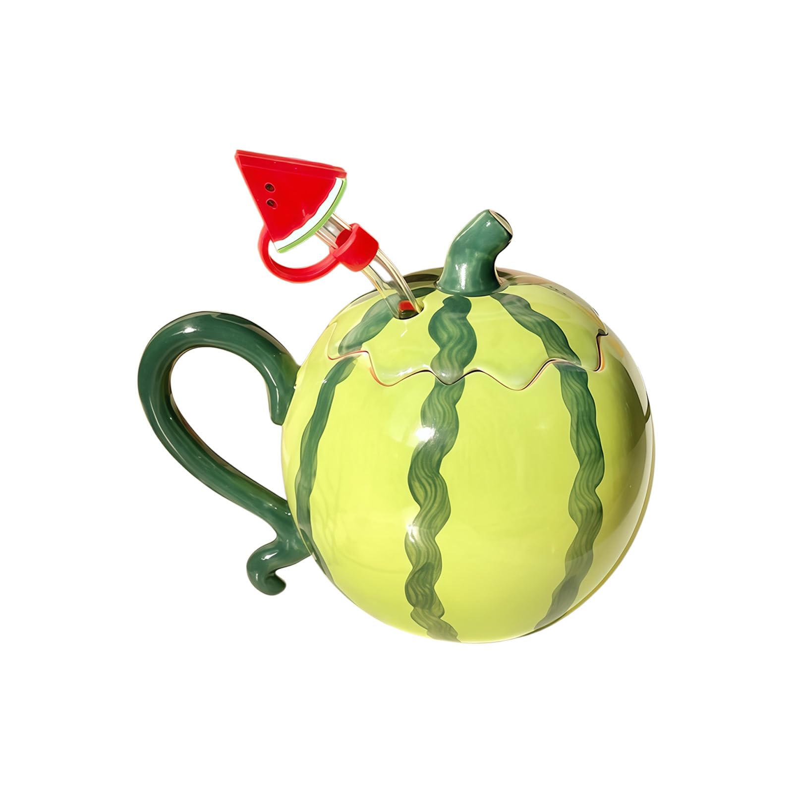 Nucelit Happy Watermelon Form Ceramic Beverage Cup with Straw and Cover Suitable for Water and Tea Beverages Ceramic Cup