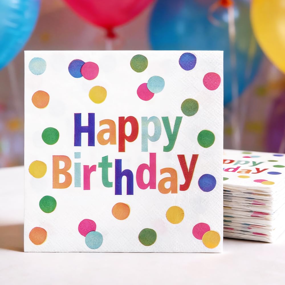 Birthday Napkins 20 Pack - Rainbow Polka Dot Disposable Paper Napkins for Party Decorations, Birthday Party Supplies