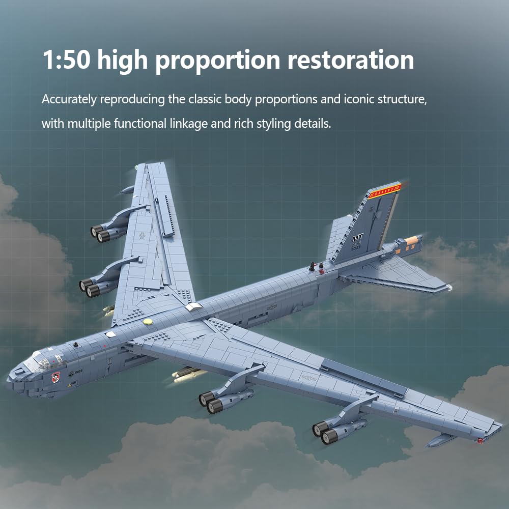 MISINI M8028 1:50 B-52H Stratofortress Bomber Klemmbausteine Bausatz, Große MOC Militärflugzeug Modell mit Stand, Sammlergrade Armee Flugzeug Geschenk für Militärfans und Erwachsene-5196 Stück