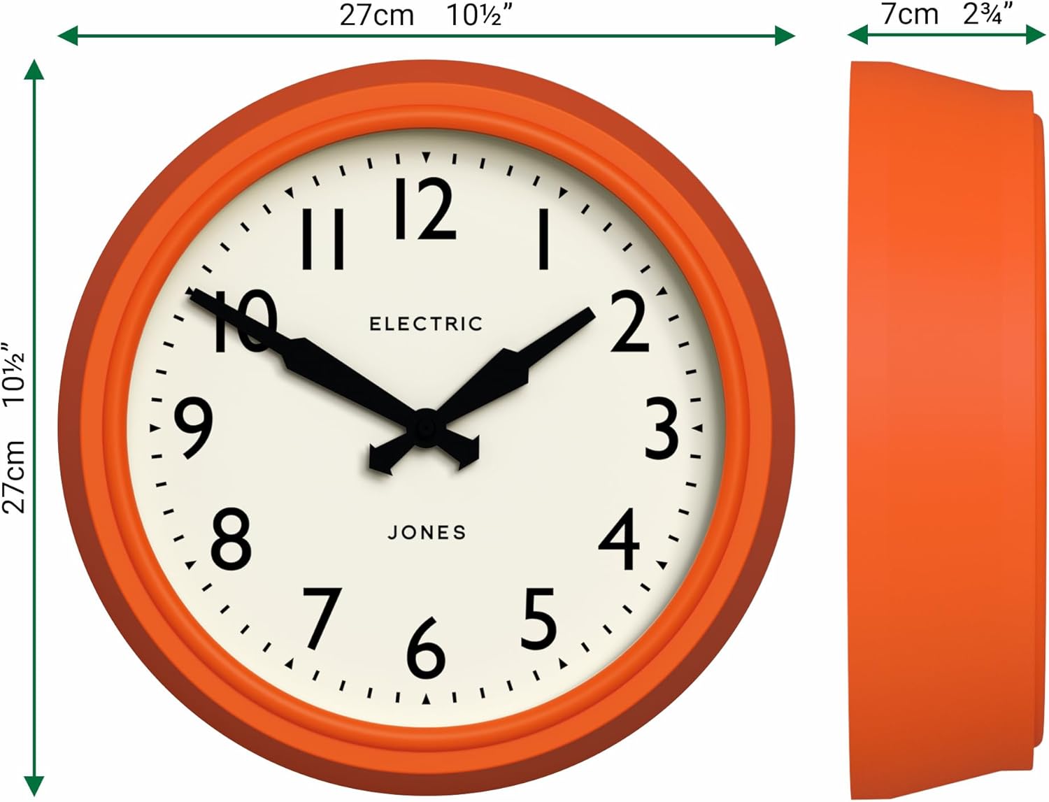 JONES CLOCKS® Telecom wall Clock | Round Vintage Retro Clock | 10.5 inch | Orange | Modern take on a Vintage Classic for Kitchen, Living Room or Office