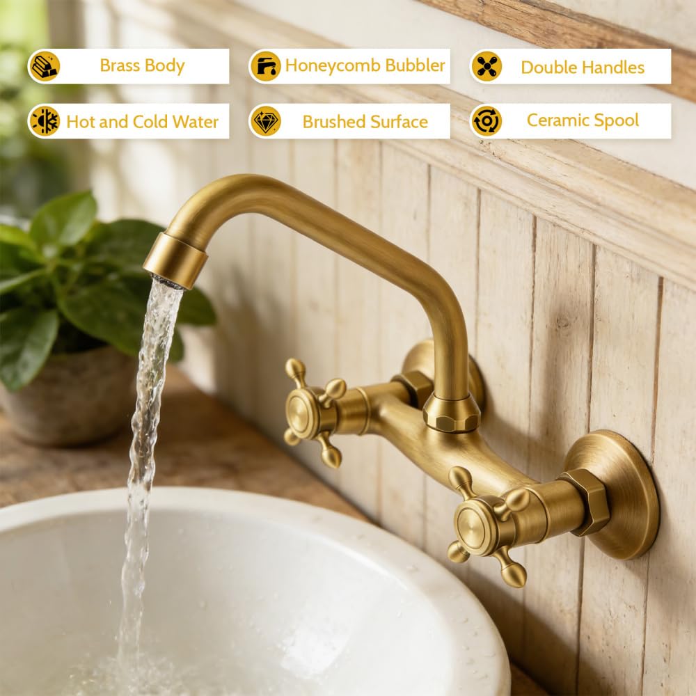 Rubinetto Bagno Lavabo a Muro in Ottone Anticato, Miscelatore Vintage per Cucina con 2 Tubi Flessibili, Girevole 360° con Doppia Manopola, Bocca 25 cm