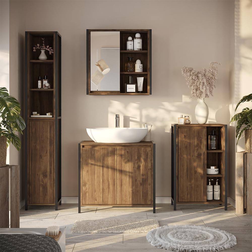 Vicco Mobile sottolavabo per bagno Naola, Quercia/nero, 70 x 65 cm | con 2 scomparti chiusi, per la conservazione di articoli da bagno e asciugamani