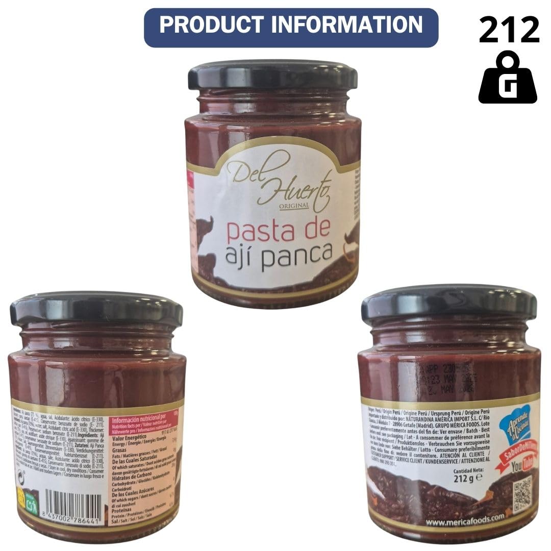 Pasta de Ají Panca Peruano Del Huerto Pack 2 x 212 g Frasco de Cristal Ají Rojo Suave Tradicional