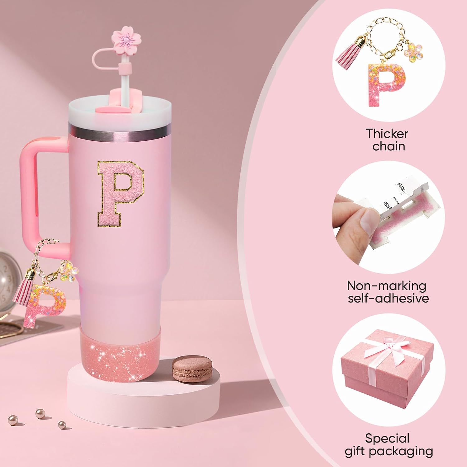 Pink Accessories for Stanley Cup 30OZ 40OZ, All Accessories Gift Box Contain Flower Straw Topper, Sillicone Boot, Letter Stickers and Pendants,Spill Stopper Set (Pink P) image 5
