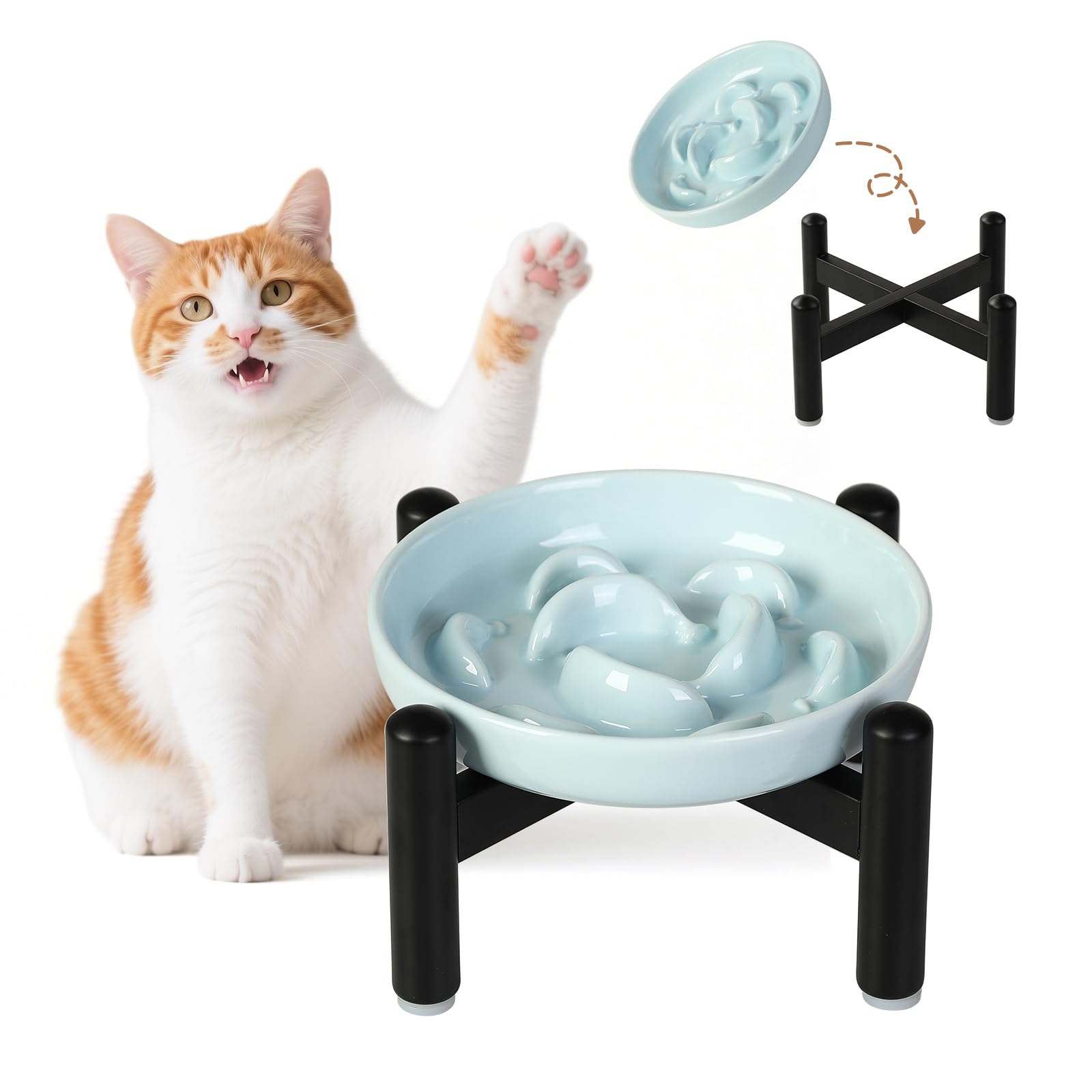 Elevated Slow Feeder Cat Bowl - Ceramic Cat Food Dish with Anti-Slip Stainless Steel Stand - Raised Maze Plate for Slow Eating - Pale Blue