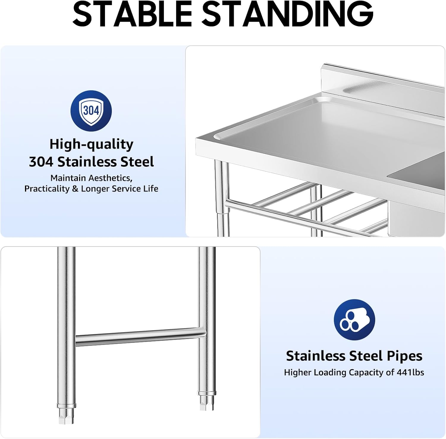 Free Standing Single Bowl Kitchen Sink, Commercial Stainless Steel Sink with Hot and Cold Faucet, Free Standing Utility Sink for Garage, Restaurant, Kitchen (47.2" W x 23.6" D x 31.5" H)