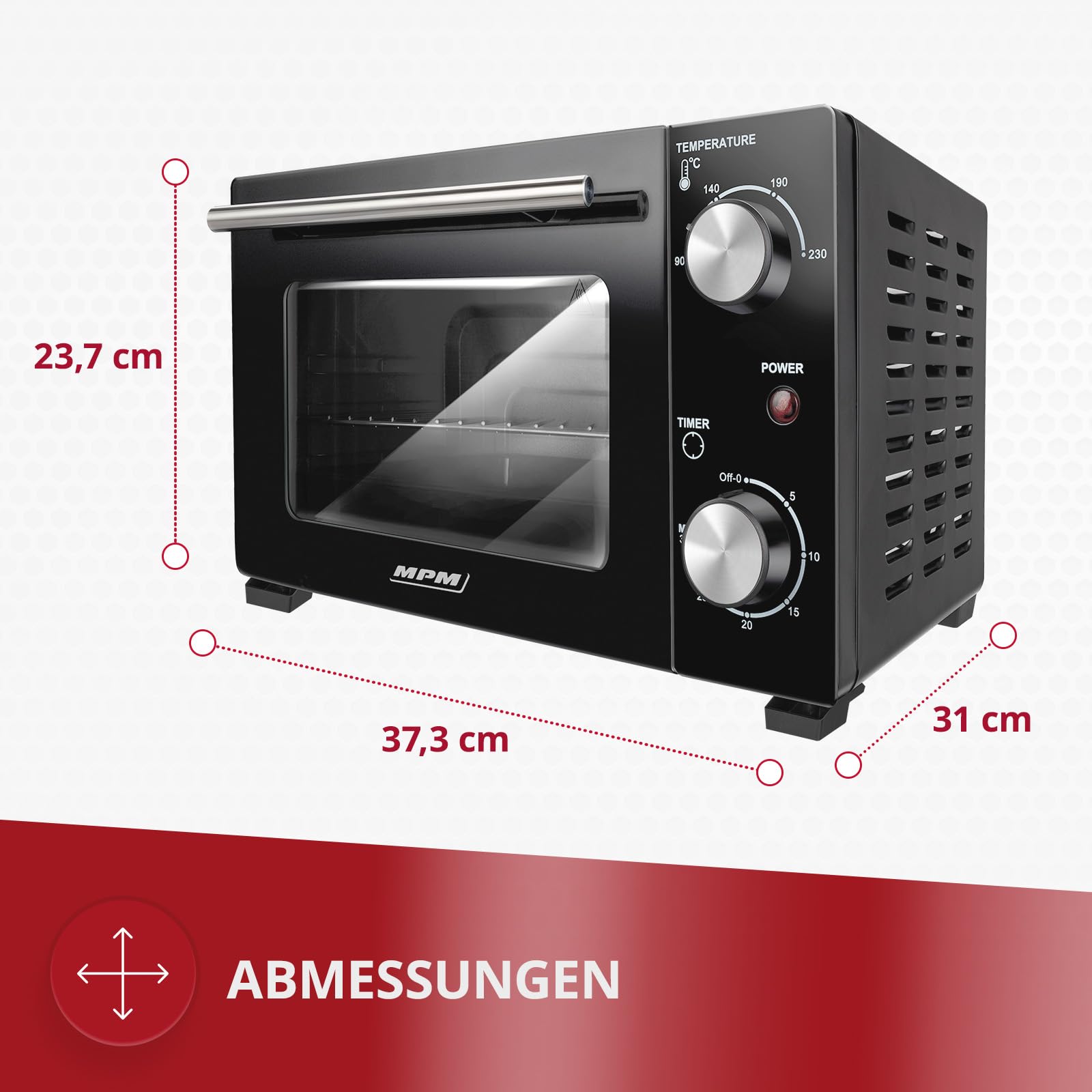 MPM - MPE-13 - Mini-Backofen - Freistehend - 10 L- mit Ober-/ Unterhitze - mit Backblech und Gitter - 4-stufige Temperaturreglung 90-230°C - mit Drehknopf - Pizza-Ofen - Klein - Schwarz