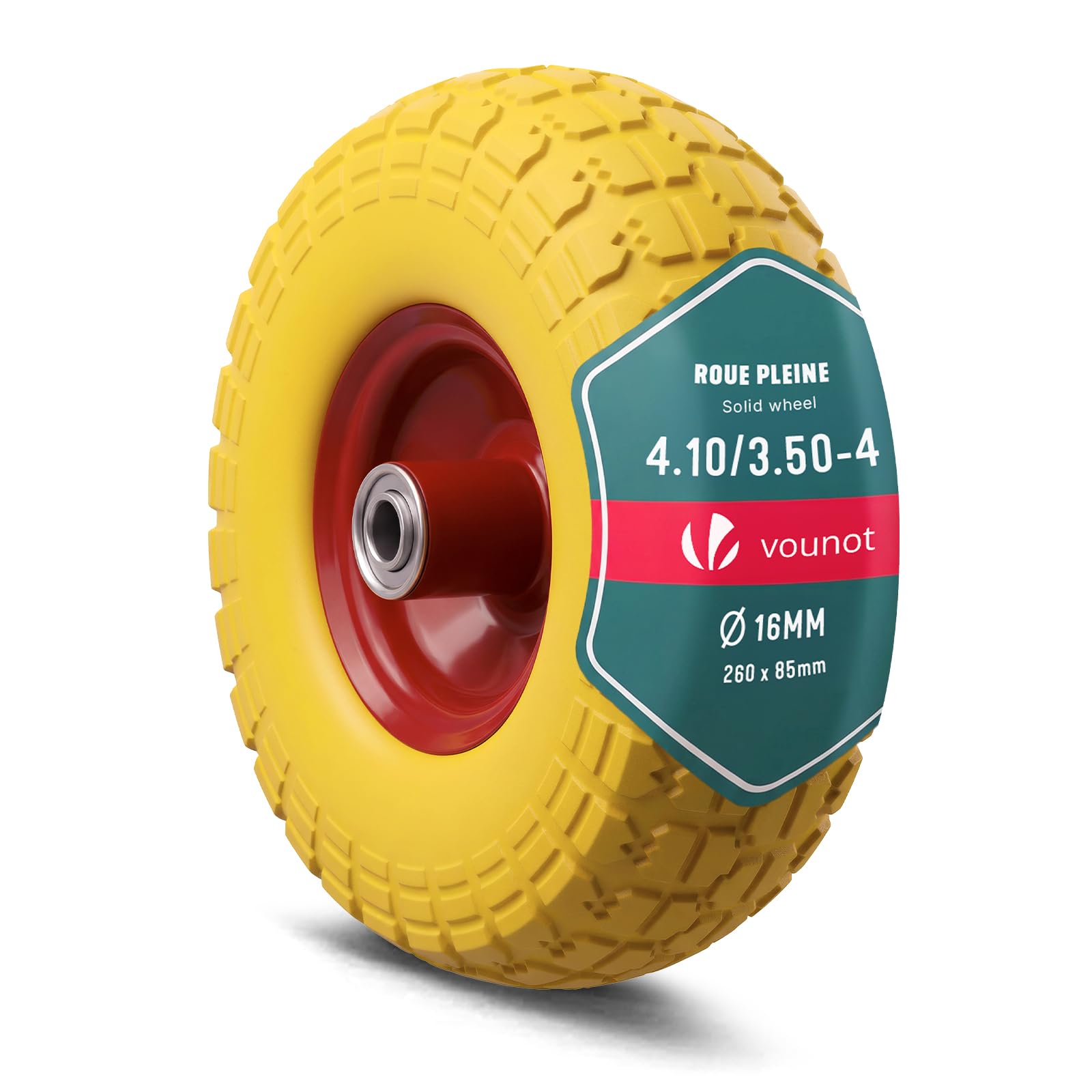 VOUNOT® Puncture-Proof 3.5-4 PU Wheelbarrow Wheel 260x85mm, 16mm Bore, with Needle Bearings for Hand Trucks, Carts, and Garden Trailers, Yellow