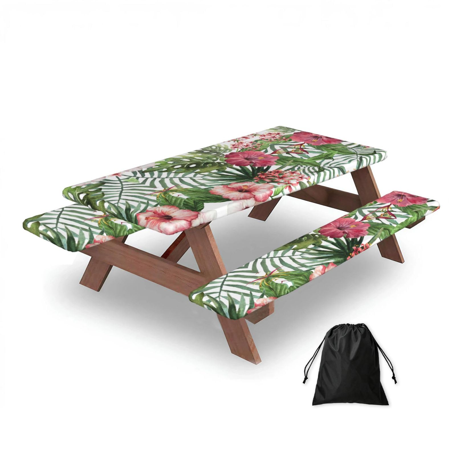ESNAIUVCD Tropical Leaves Print Picnic Table Cover With Bench Covers,Camping Essentials,Fitted Tablecloth Cover With Elastic Edge, For Indoor & Outdoor 3 Pcs