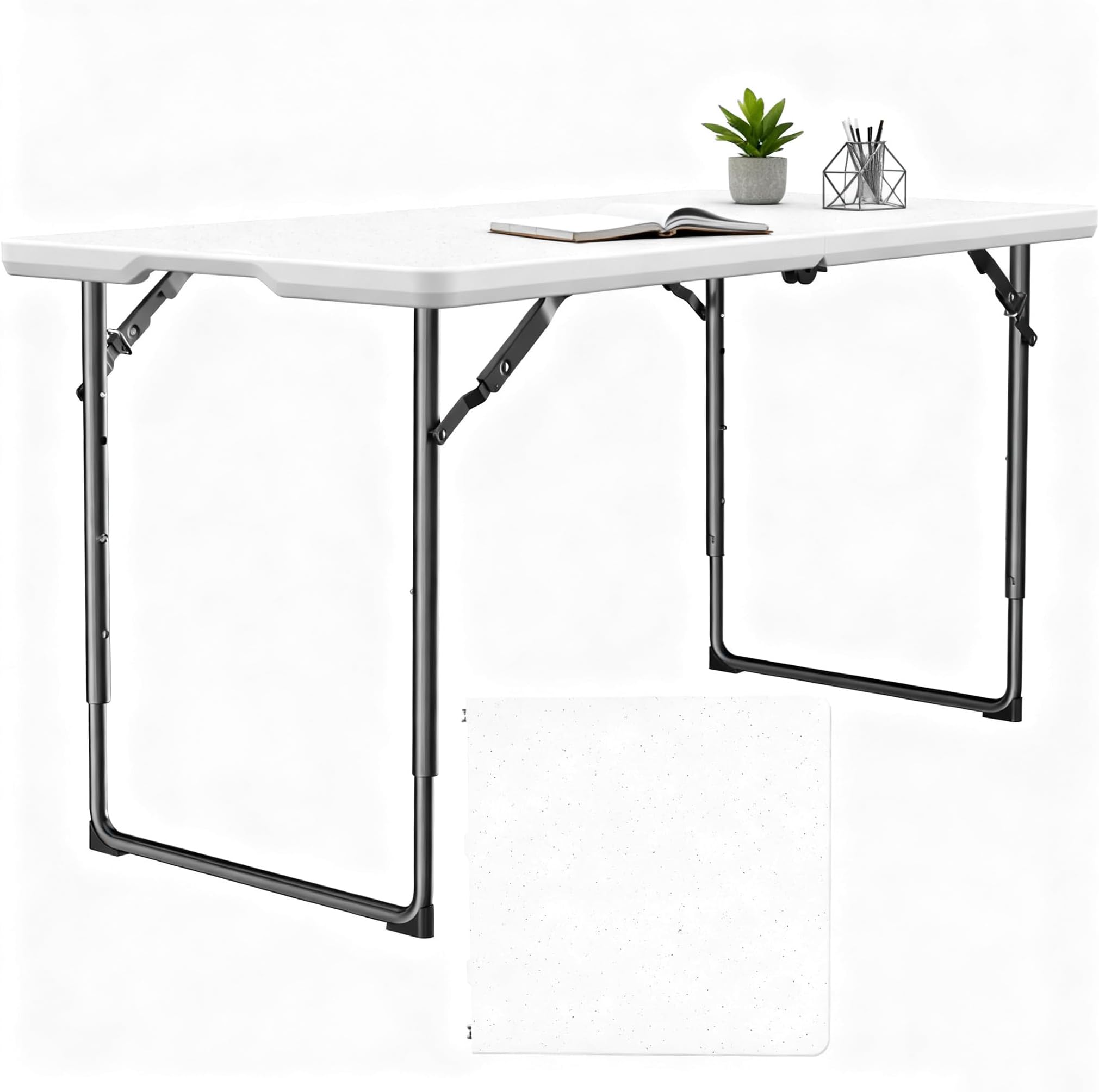 Folding Table 48" x 24" - Heavy Duty Fold-in-Half Plastic Table with Adjustable Height, Portable Utility Tables with Steel Legs for Indoor, Outdoor, Picnic, Camping, Dining, Party (White)