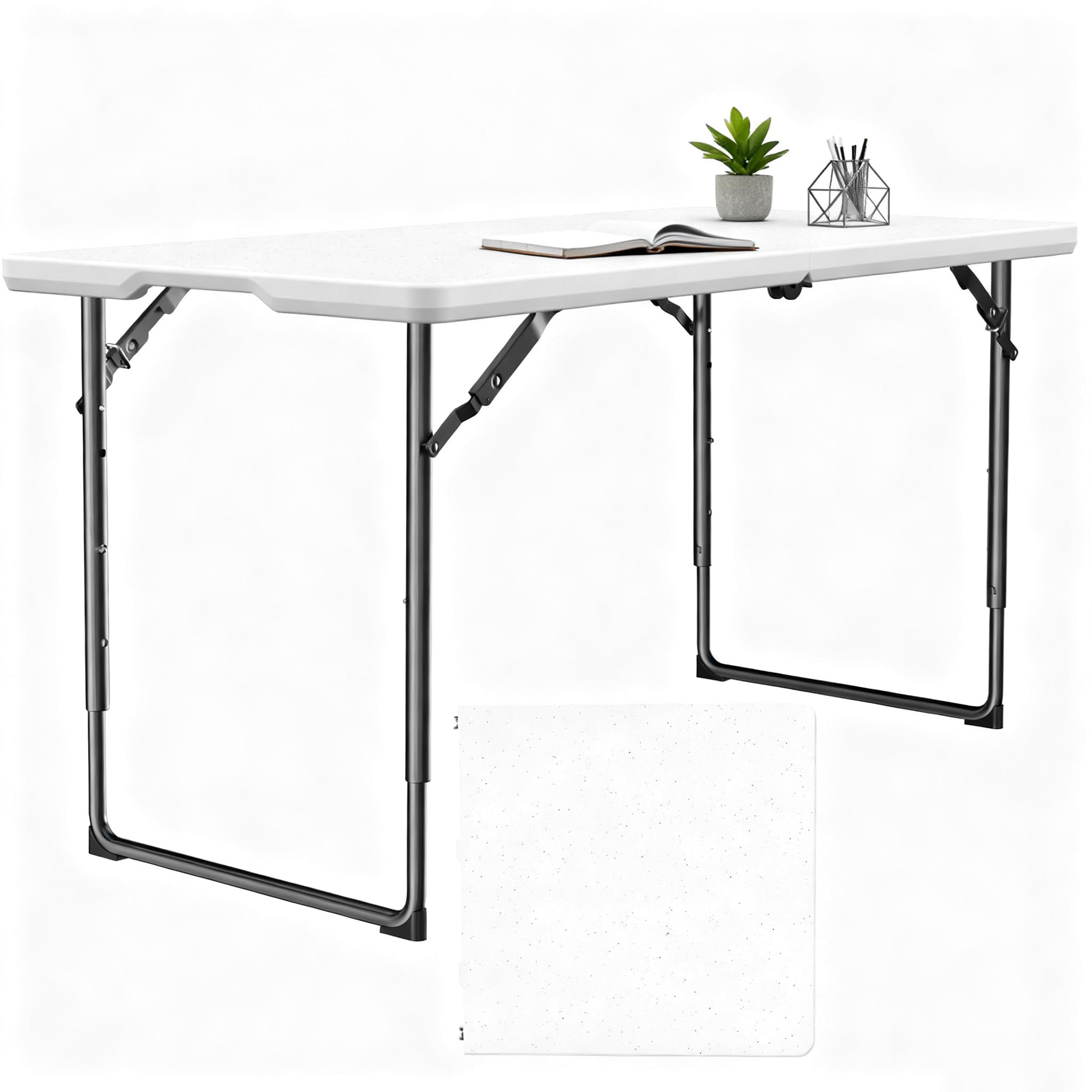 Folding Table 48" x 24" - Heavy Duty Fold-in-Half Plastic Table with Adjustable Height, Portable Utility Tables with Steel Legs for Indoor, Outdoor, Picnic, Camping, Dining, Party (White)