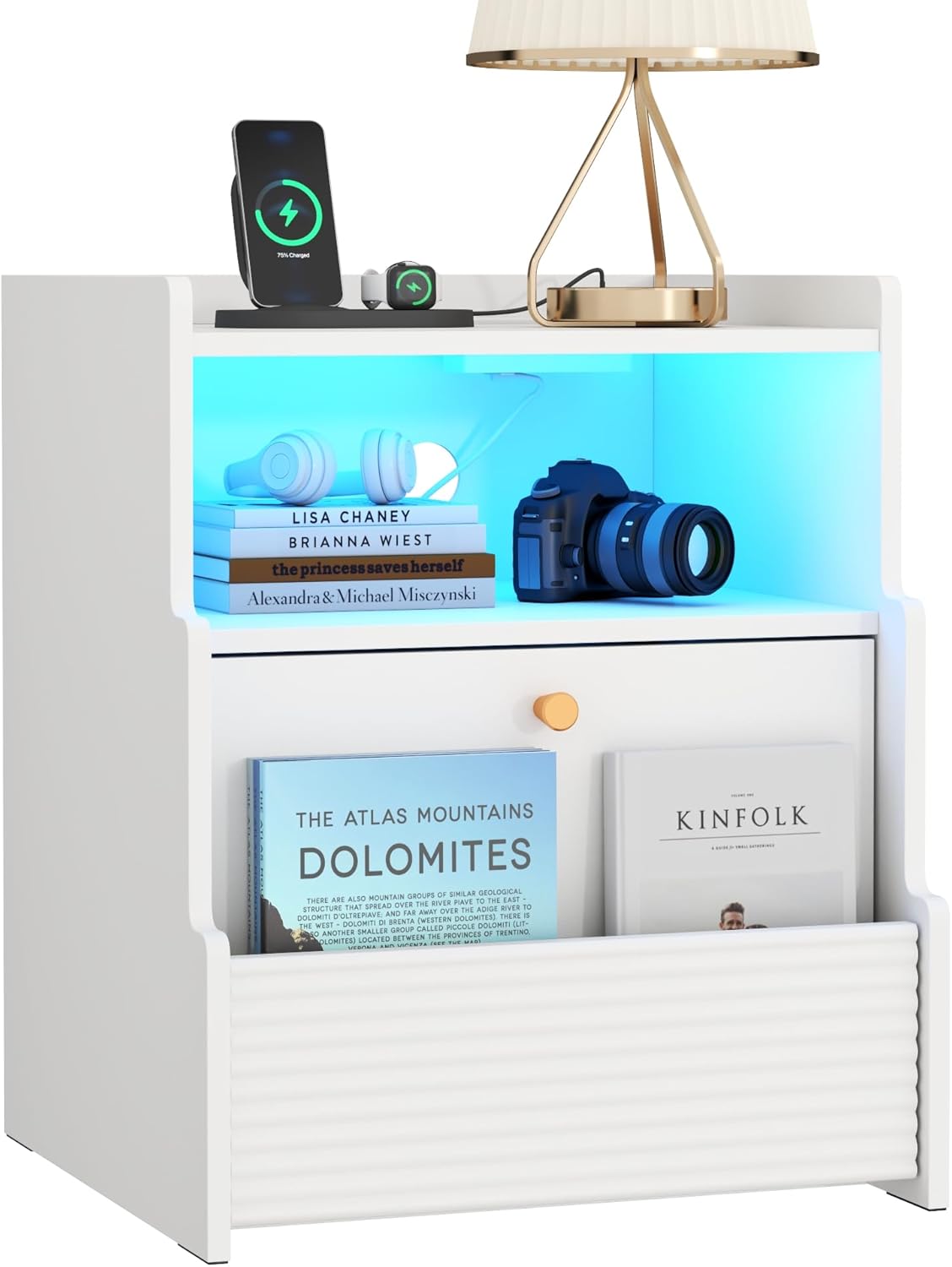 Fluted Nightstand with Charging Station, Modern Bedside Table with LED Lights & Drawers, End Table with Open Compartment for Bedroom, White