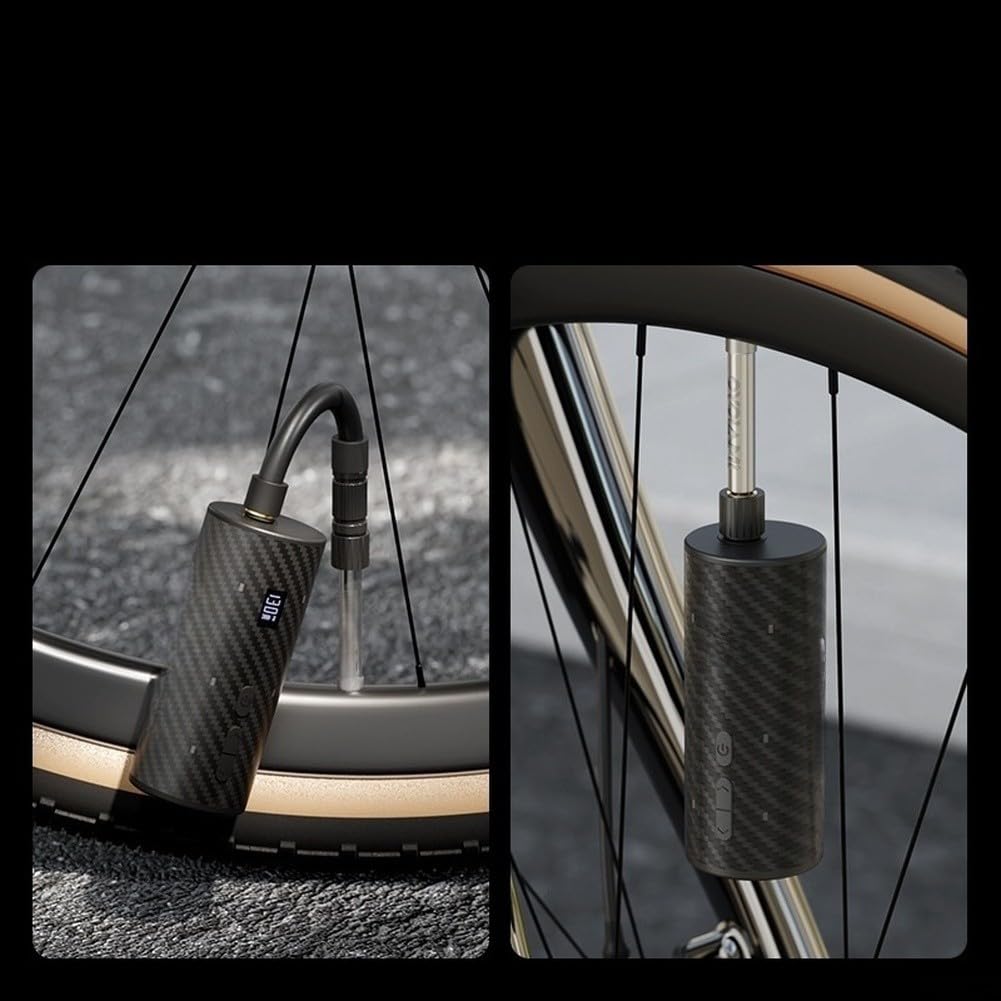 AM9PRO - Bomba eléctrica para bicicleta, para mini bomba de aire con pantalla LED, alta presión de 130 PSI, luz trasera, para válvula Presta, diseño compacto de fibra de carbono